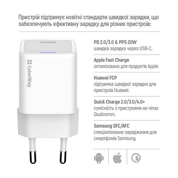 Зарядний пристрій ColorWay GaN Mini (20W) USB-C White (CW-CHS059PDL-WT) CW-CHS059PDL-WT фото