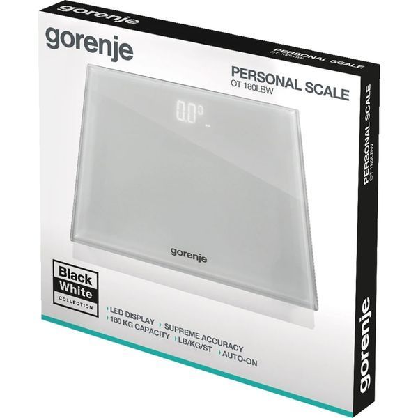 Ваги підлогові Gorenje, 180 кг, дисплей, скло, білий OT180LBW фото