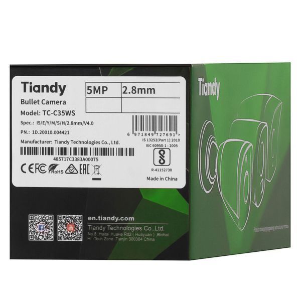 Камера IP Tiandy TC-C35WS Spec:I5/E/Y/M/H/2.8mm/V4.1, 5MP, Starlight Bullet, 2.8mm, f/1.6, IR50m, PoE, IP67 TC-C35WS фото