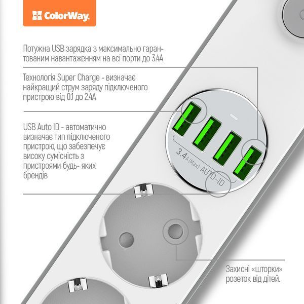 Мережевий фільтр-подовжувач СolorWay 4 розетки/4USB White 2M (CW-CHE44W) CW-CHE44W фото