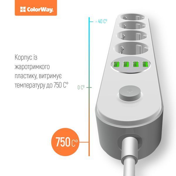 Мережевий фільтр-подовжувач СolorWay 4 розетки/4USB White 2M (CW-CHE44W) CW-CHE44W фото