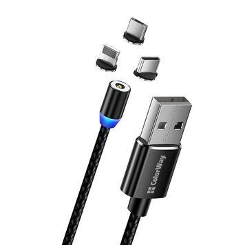 Кабель Colorway USB - 3в1 (Lightning+MicroUSB+Type-C) Magnetic 2.4а 1м черный (CW-CBUU020-BK) CW-CBUU020-BK фото