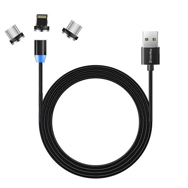 Кабель Colorway USB - 3в1 (Lightning + MicroUSB + Type-C) Magnetic 2.4A 1м чорний (CW-CBUU020-BK) CW-CBUU020-BK фото