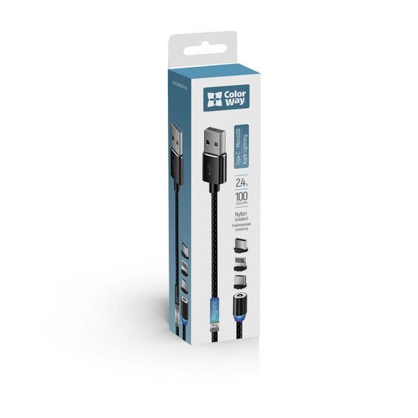 Кабель Colorway USB - 3в1 (Lightning + MicroUSB + Type-C) Magnetic 2.4A 1м чорний (CW-CBUU020-BK) CW-CBUU020-BK фото