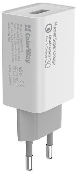 Зарядное устройство для Colorway 1USB Huawei Super Charge/Quick Charge 3.0, 4A (20W) белый (CW-CHS01 CW-CHS014Q-WT фото