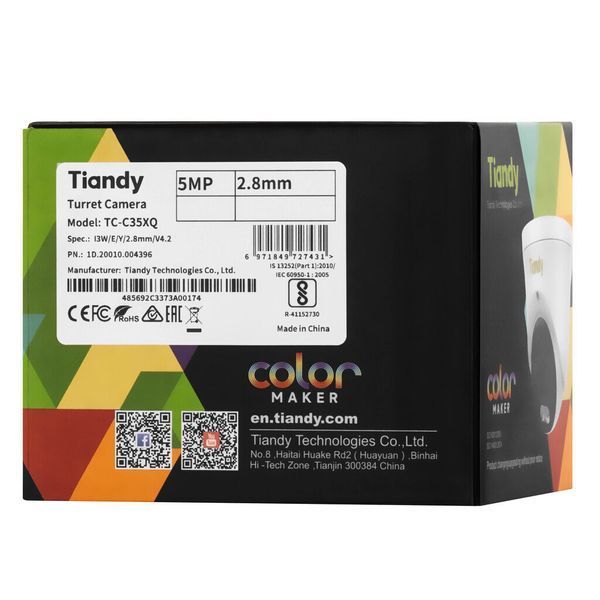 Камера IP Tiandy TC-C35XQ Spec:I3W/E/Y/2.8mm/V4.2, 5MP, EW Color Maker Turret, 2.8mm, f/1.0, IR30m, LED15m, DC12V, PoE, IP66, Speaker TC-C35XQ фото