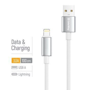 Кабель ColorWay USB - Apple Lightning (zinc alloy braided) 3А 1м білий (CW-CBUL098-WT) CW-CBUL098-WT фото