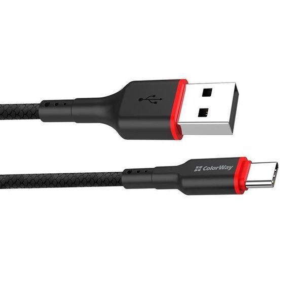 Кабель ColorWay USB-Type-C (nylon - red head) 2.4А 1м черный (CW-CBUC064-BK) CW-CBUC064-BK фото