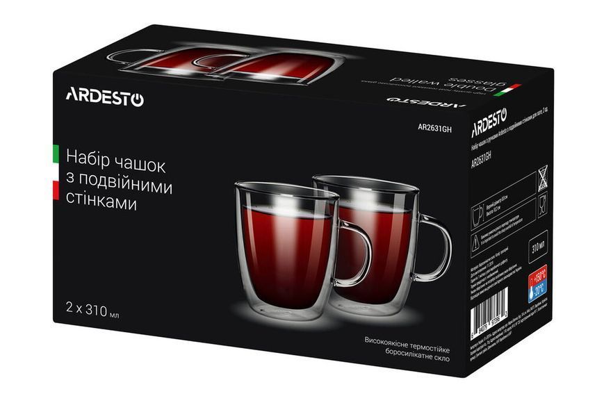 ARDESTO Набор чашек с ручками с двойными стенками, 310 мл, H 10,2 см, 2 шт, боросиликатное стекло AR2631GH фото