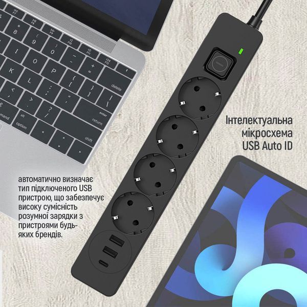 Сетевой фильтр-удлинитель СolorWay 4 розетки/3USB (2USB-A + 1 TYPE-C) Black 2M (CW-CHE432PDB) CW-CHE432PDB фото