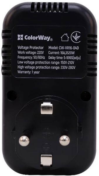 Реле напруги ColorWay (16A/3680W) 150V-210V/230V-280V DS4 Black (CW-VR16-04D) CW-VR16-04D фото