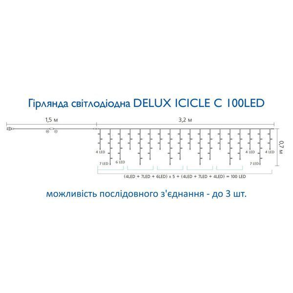 Гірлянда Delux ICICLE С 100 LED 3.2х0.7 м Теплий білий/Прозорий IP20 (90015255) 90015255 фото